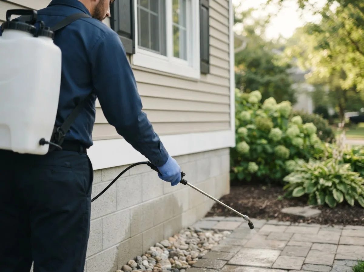 Pest control technician inspecting a home in Waterport, NY